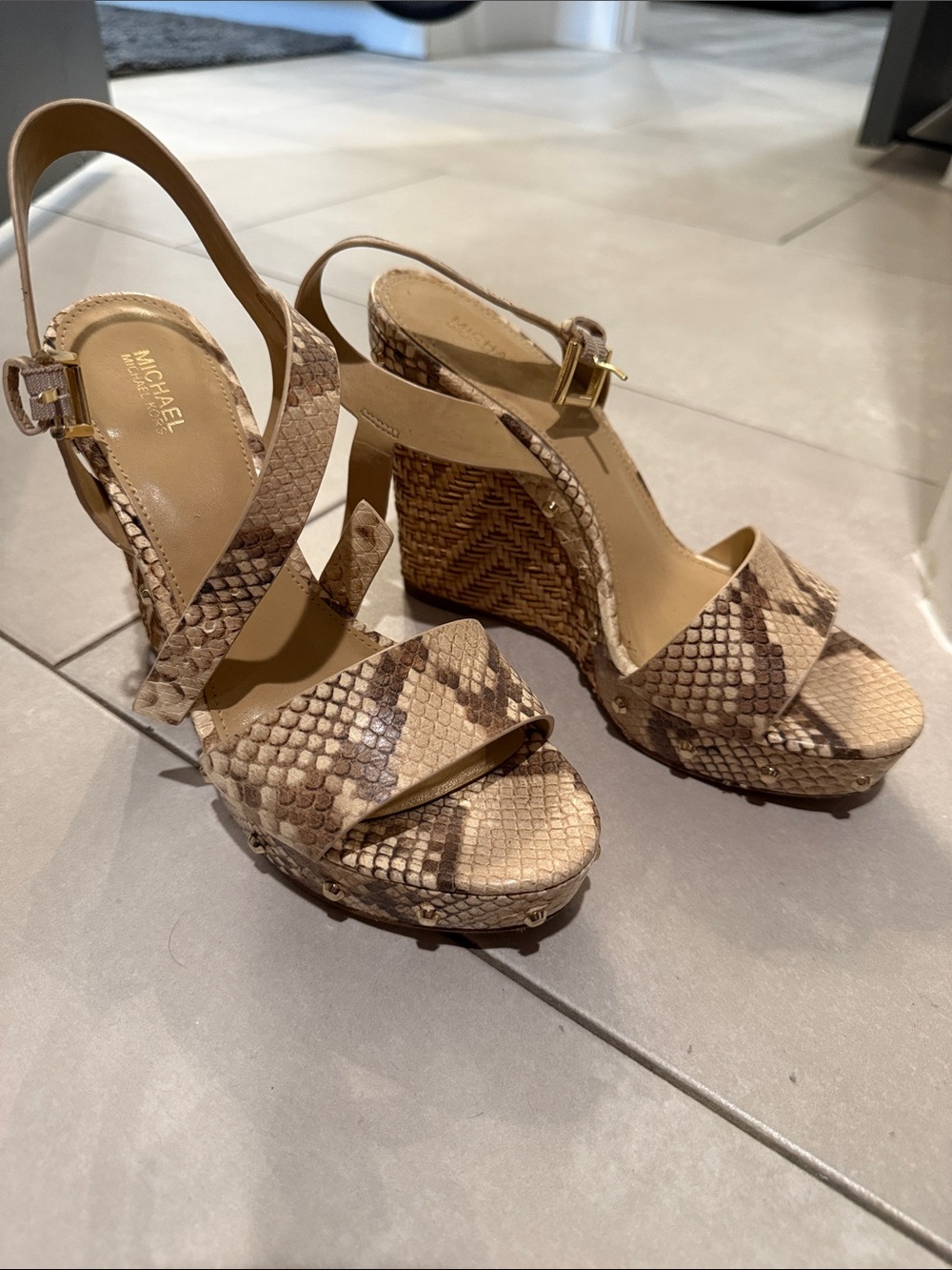 Michael Kors Snake-Print Tan Wedge Sandals